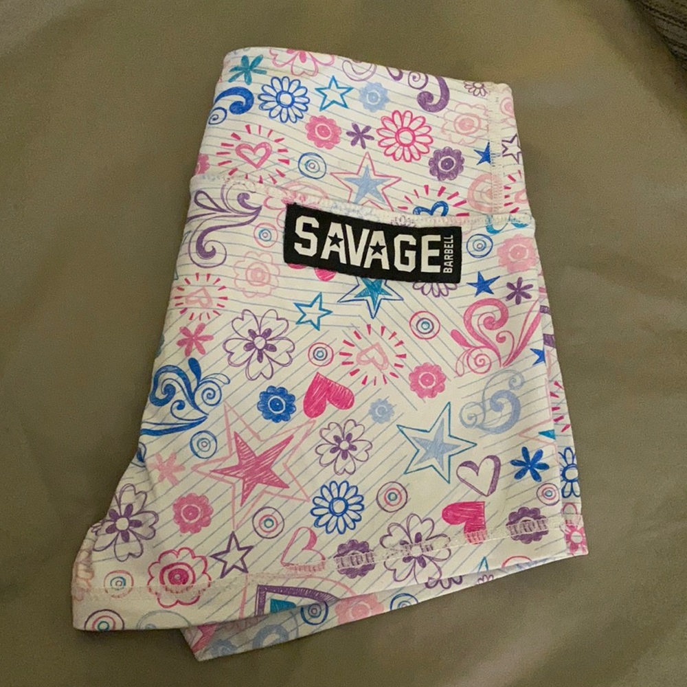 Savage Barbell pink hearts graffiti print shorts